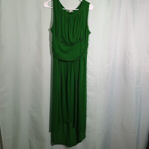 Emerald Green Sleeveless Midi Dress Ruched Waist Overlay Hem